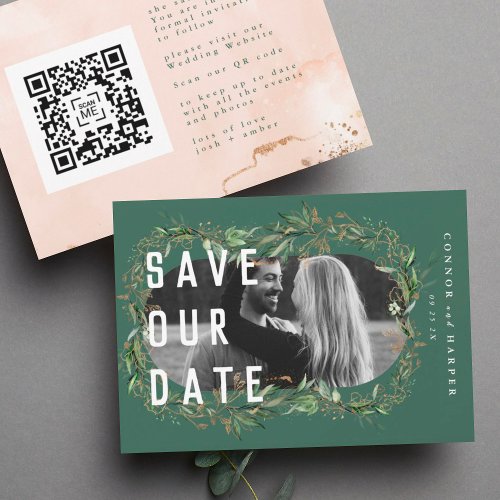 Oval Boho Bold QR Code Modern Leafy Golden Photo Save The Date