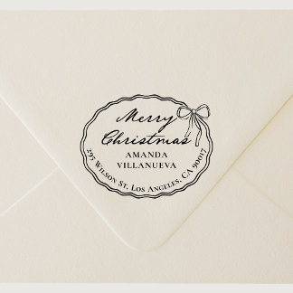 Oval Border and Bow Merry Christmas Return Address Rubber Stamp