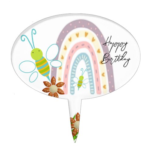 Oval Cake Pick Butterfly WatercolorHappy Birthday 