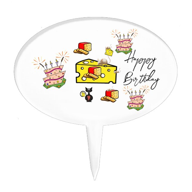 Oval Cake Pick Cat Mouse Cheese Happy Birthday  (Front)
