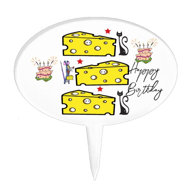 Oval Cake Pick Cat Mouse Cheese Happy Birthday  (Front)