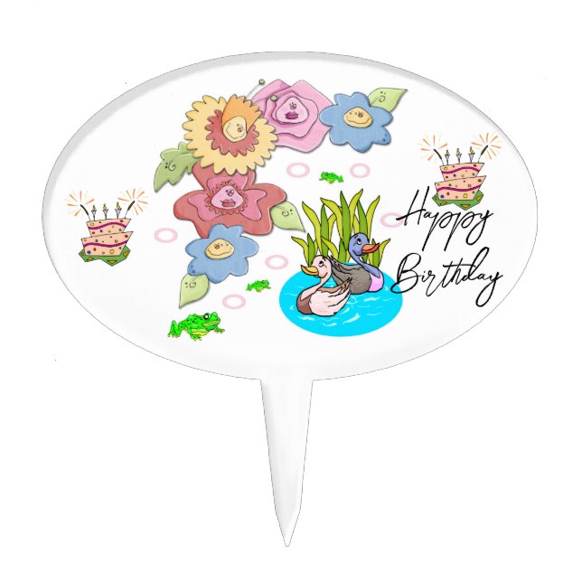 Oval Cake Pick Floral Ducks Happy Birthday  (Front)