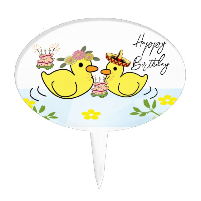 Oval Cake Pick Floral Ducks Happy Birthday  (Front)