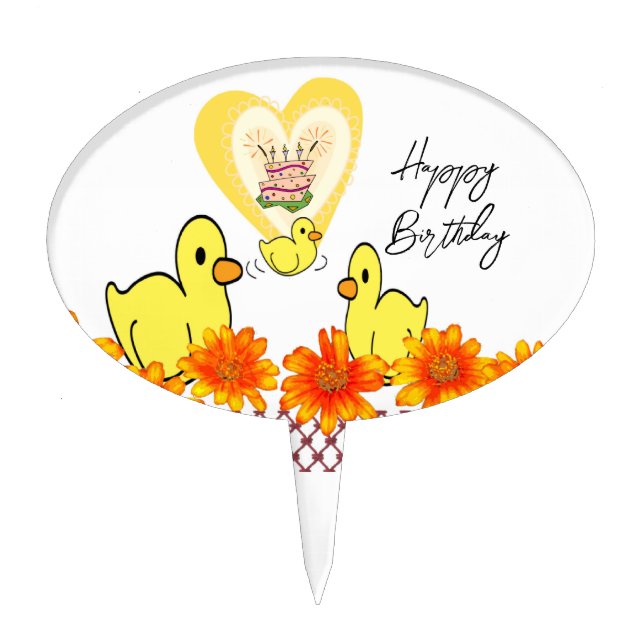 Oval Cake Pick Floral Ducks Happy Birthday  (Front)