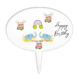 Oval Cake Pick Floral Elephant Happy Birthday 