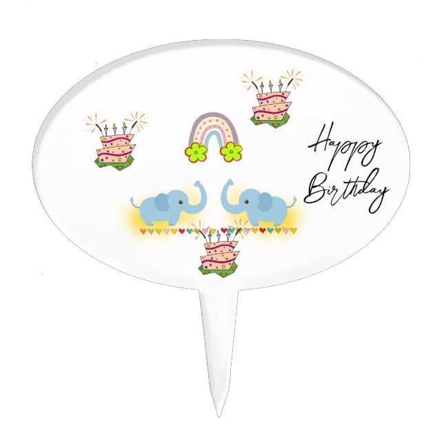 Oval Cake Pick Floral Elephant Happy Birthday  (Front)