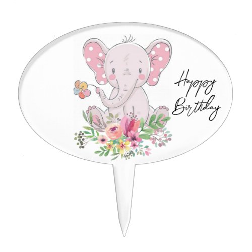 Oval Cake Pick Floral Elephant Happy Birthday 