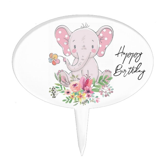Oval Cake Pick Floral Elephant Happy Birthday  (Front)