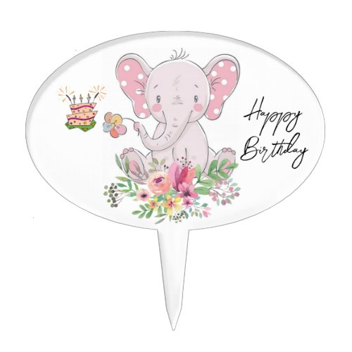 Oval Cake Pick Floral Elephant Happy Birthday 
