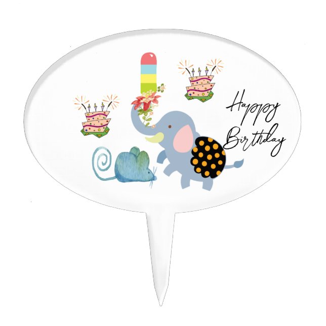 Oval Cake Pick Floral Elephant Mouse Birthday  (Front)