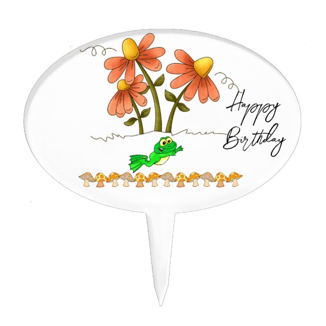 Oval Cake Pick Floral Frog Mushroom Birthday  (Front)