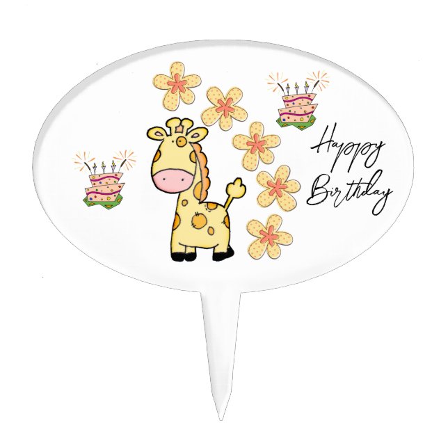 Oval Cake Pick Floral Giraffe Happy Birthday  (Front)