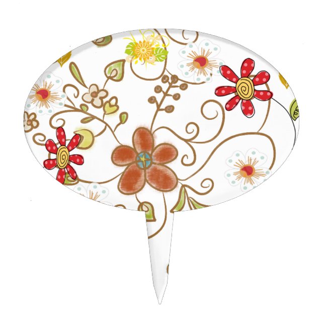 Oval Cake Pick Floral Happy Birthday  (Front)