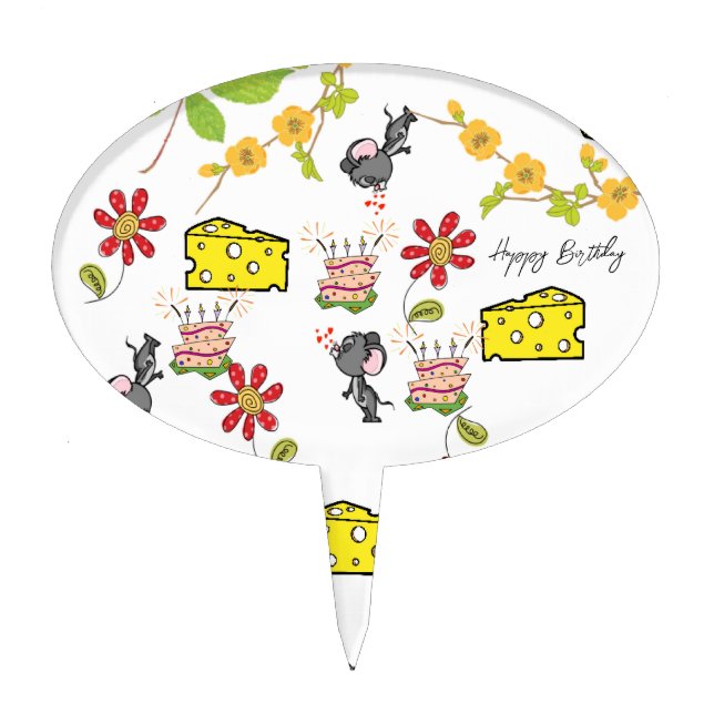Oval Cake Pick Floral Mouse Cheese Happy Birthday  (Front)