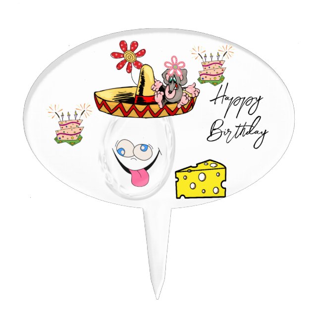 Oval Cake Pick Floral Mouse Sombrero Birthday  (Front)
