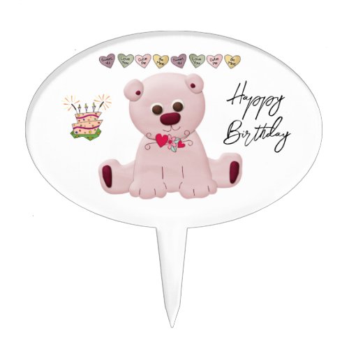 Oval Cake Pick Floral Teddy Bear Birthday 