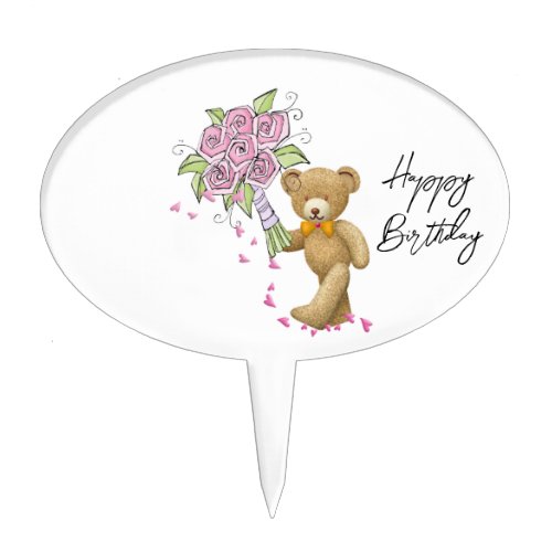 Oval Cake Pick Floral Teddy Bear Happy Birthday 