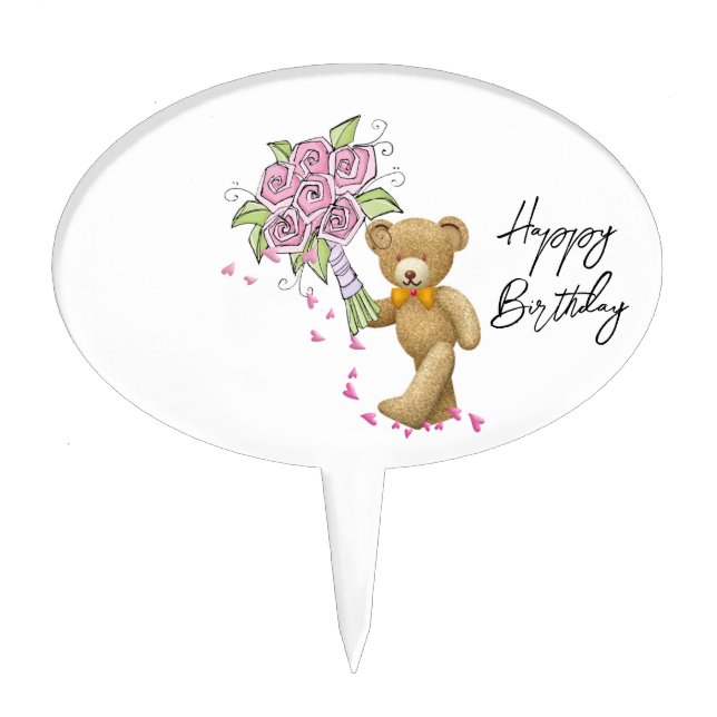 Oval Cake Pick Floral Teddy Bear Happy Birthday  (Front)