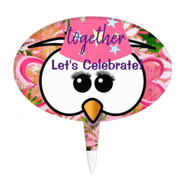 Oval Cake Pick Let's Celebrate Together Floral Owl (Front)