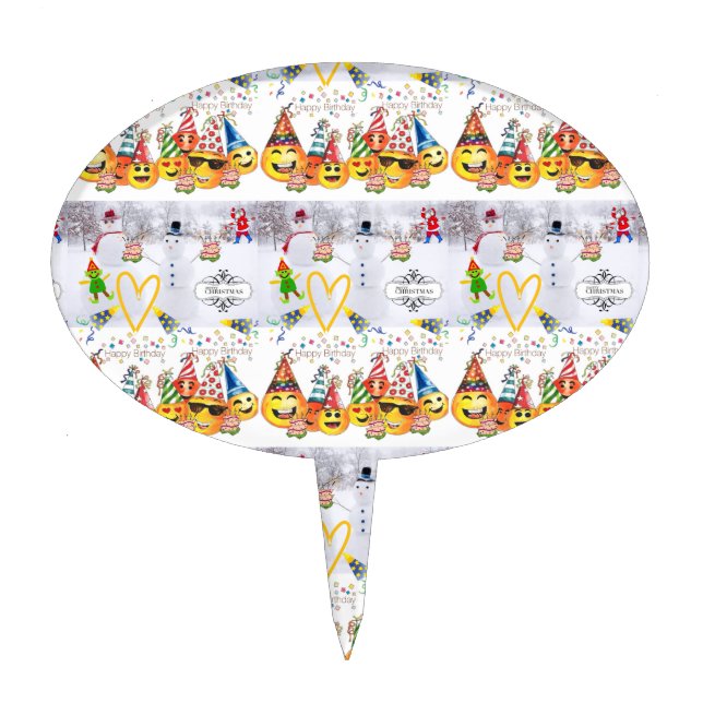 Oval Cake Pick Merry Christmas Happy Birthday  (Front)