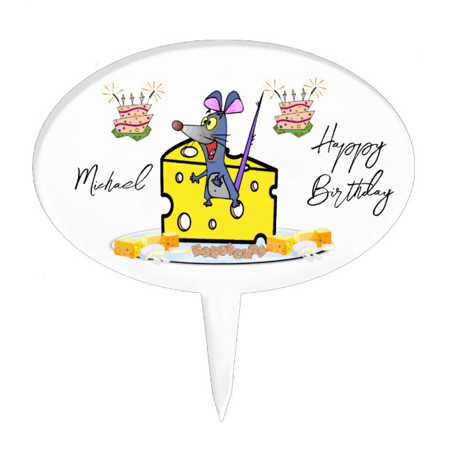 Oval Cake Pick Mouse Cheese Mice Happy Birthday  (Front)