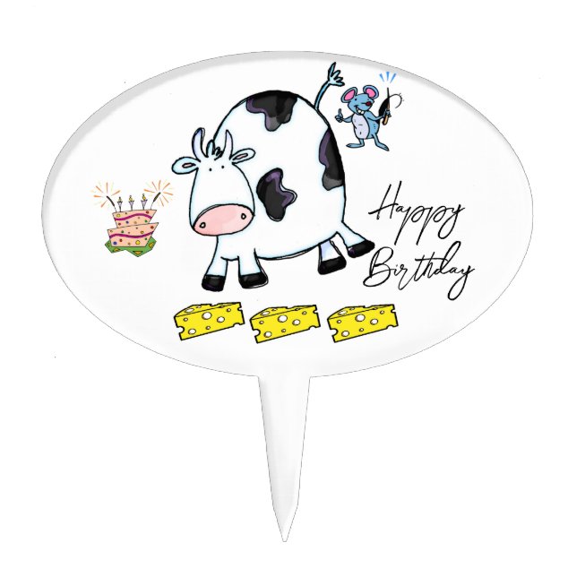 Oval Cake Pick Mouse Cow Cheese Happy Birthday  (Front)