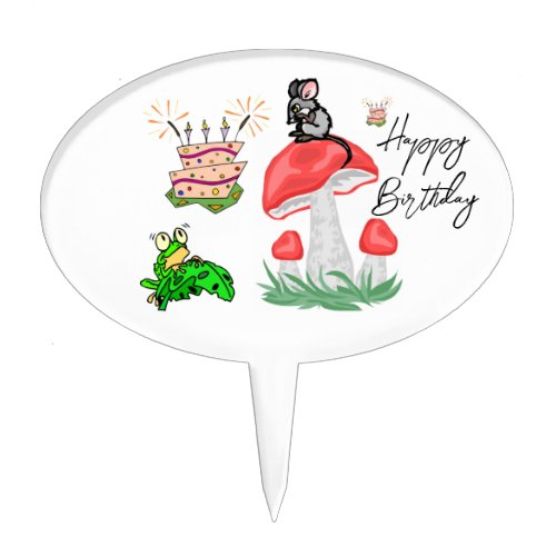 Oval Cake Pick Mouse Frog Mushroom Happy Birthday 