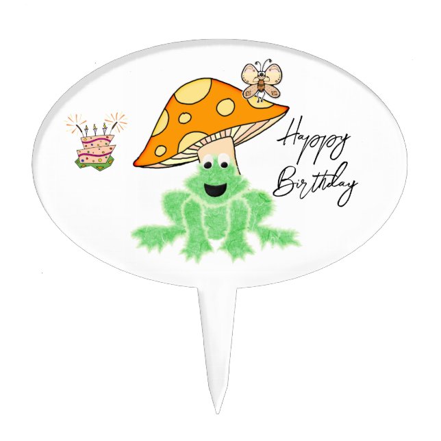 Oval Cake Pick Mushroom Frog Butterfly Birthday  (Front)