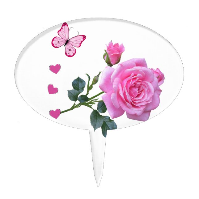 Oval Cake Pick Pink Rose Floral Butterfly Hearts (Front)