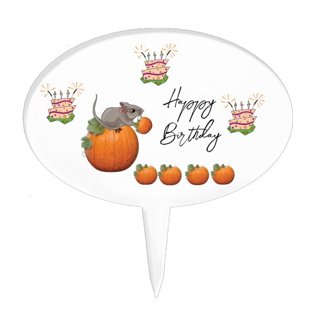 Oval Cake Pick Pumpkin Mouse Mice Happy Birthday  (Front)