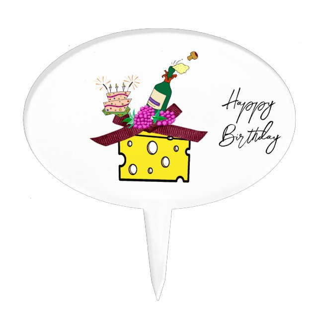 Oval Cake Pick Wine Cheese Happy Birthday  (Front)