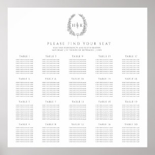 Oval charcoal gray white 20 wedding tables plan poster