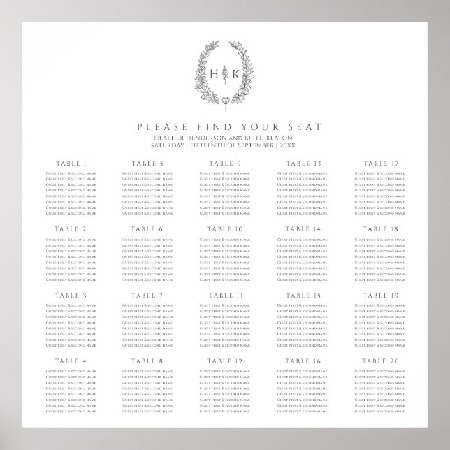 Oval charcoal gray white 20 wedding tables plan poster (Front)