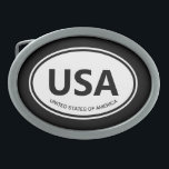 Oval country code or state abbreviation car emblem belt buckle<br><div class="desc">Oval country code or state abbreviation car emblem Belt buckle for men. Country code abbreviation sign typical for vehicles. Create your own personalized buckle Add your own text or monogram. Classic European style oval shape template design. USA of United States of America example. Cool gift ideas for him. Custom color....</div>