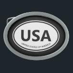 Oval country code or state abbreviation car emblem belt buckle<br><div class="desc">Oval country code or state abbreviation car emblem Belt buckle for men. Country code abbreviation sign typical for vehicles. Create your own personalized buckle Add your own text or monogram. Classic European style oval shape template design. USA of United States of America example. Cool gift ideas for him. Custom color....</div>