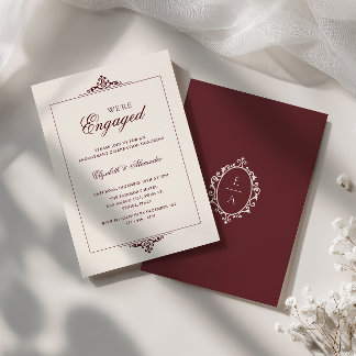 Oval Crest Old Money Burgundy We're Engaged Party Invitation