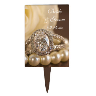 Oval Diamond Ring and White Rose Wedding Cake Topper