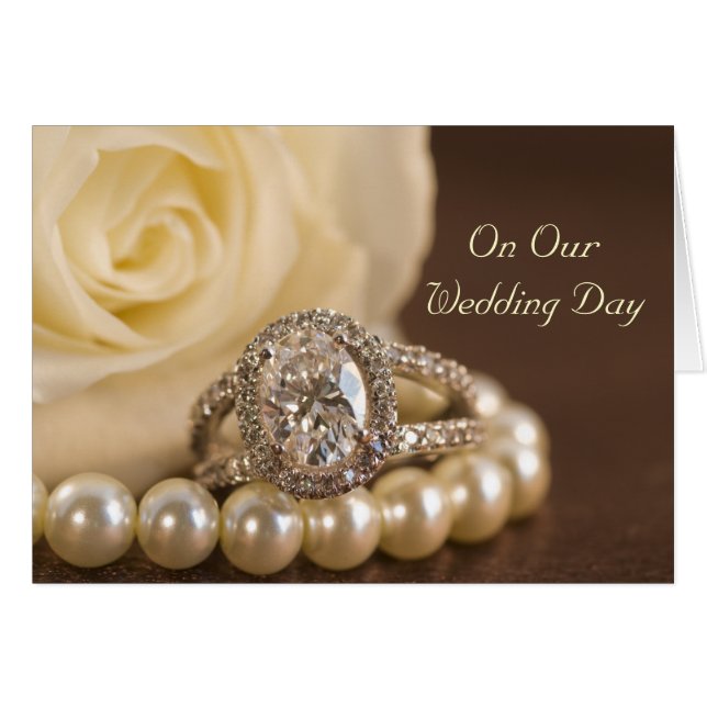 Oval Diamond Ring and White Rose Wedding Day Cards (Front Horizontal)