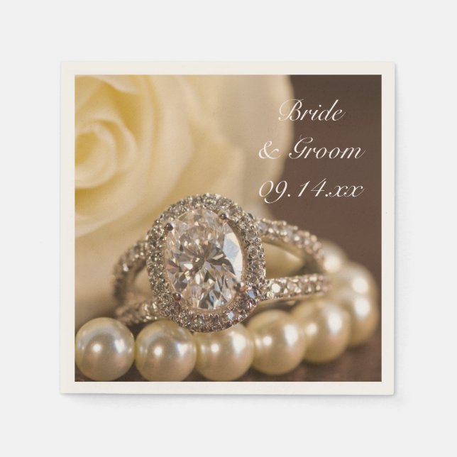 Oval Diamond Ring and White Rose Wedding Napkins (Front)