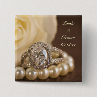 Oval Diamond Ring and White Rose Wedding Pinback Button
