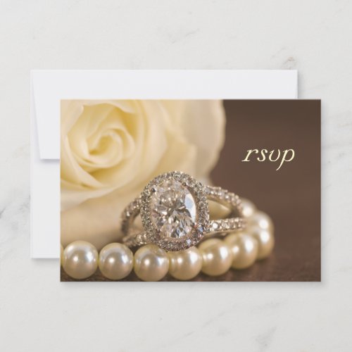 Oval Diamond Ring White Rose Wedding RSVP Card