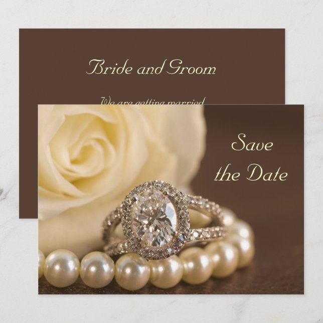 Oval Diamond Ring White Rose Wedding Save the Date Invitation (Front/Back)