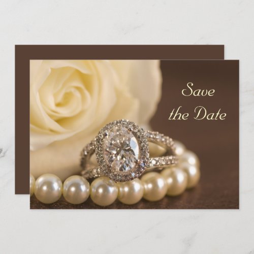 Oval Diamond Ring White Rose Wedding Save the Date Invitation