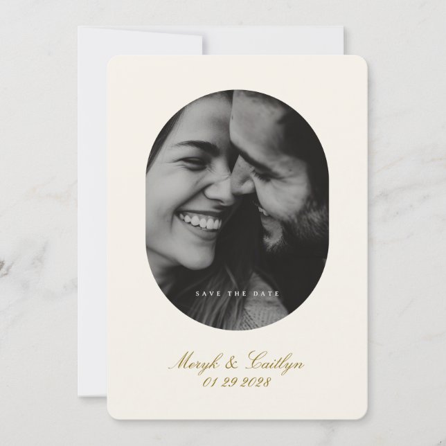 Oval Elegant Wedding Photo Calligraphy Save The Date (Front)