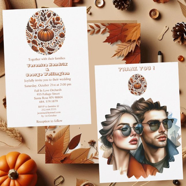 Oval Fall Pumpkin Groovy Boho Rusty Brown Wedding Invitation (Oval Fall Pumpkin Groovy Boho Rusty Brown Foliage Invitation)