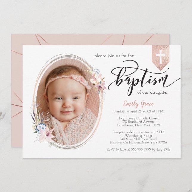 Oval Floral Photo Rose Gold Banner Baptism Invite (Front/Back)