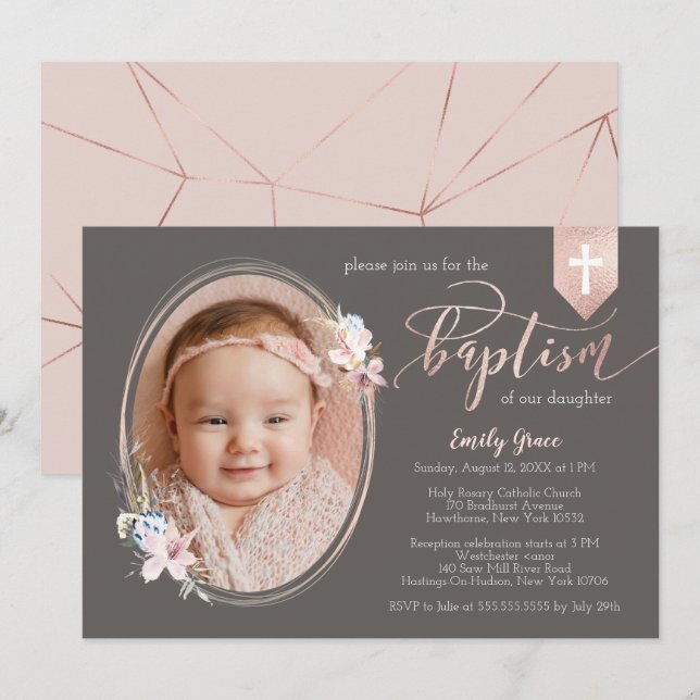Oval Floral Photo Rose Gold Banner Baptism Invite (Front/Back)