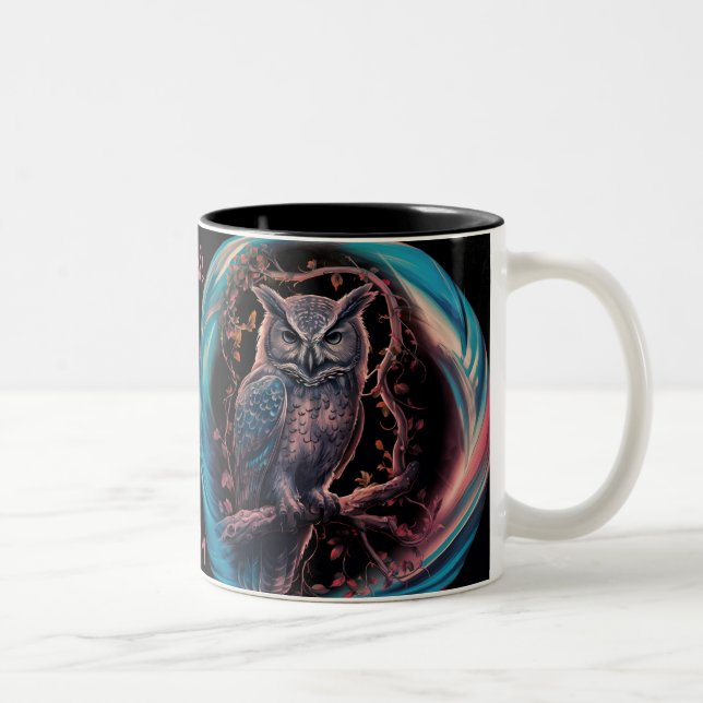 Oval Framed Owl Personalized Name Two-Tone Coffee Mug (Right)
