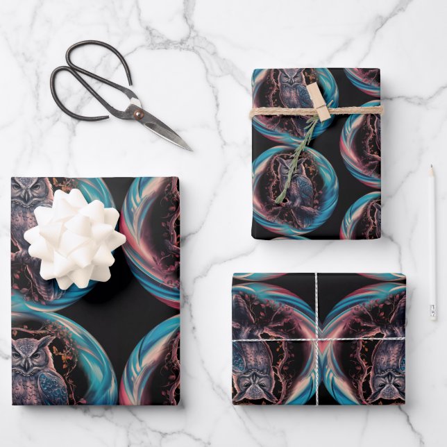 Oval Framed Owl Personalized Name Wrapping Paper Sheets (Front)