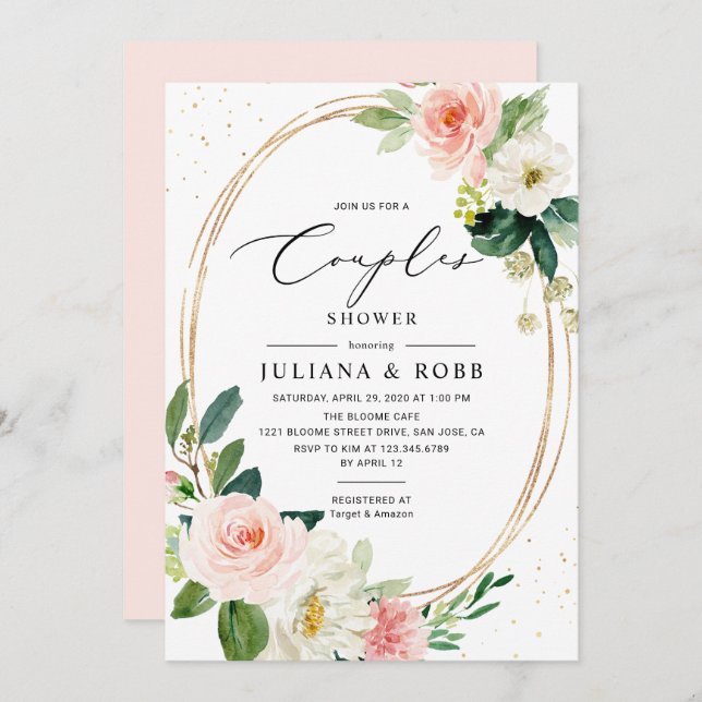 Oval Geometric Blush Pink Floral Couples Shower Invitation (Front/Back)